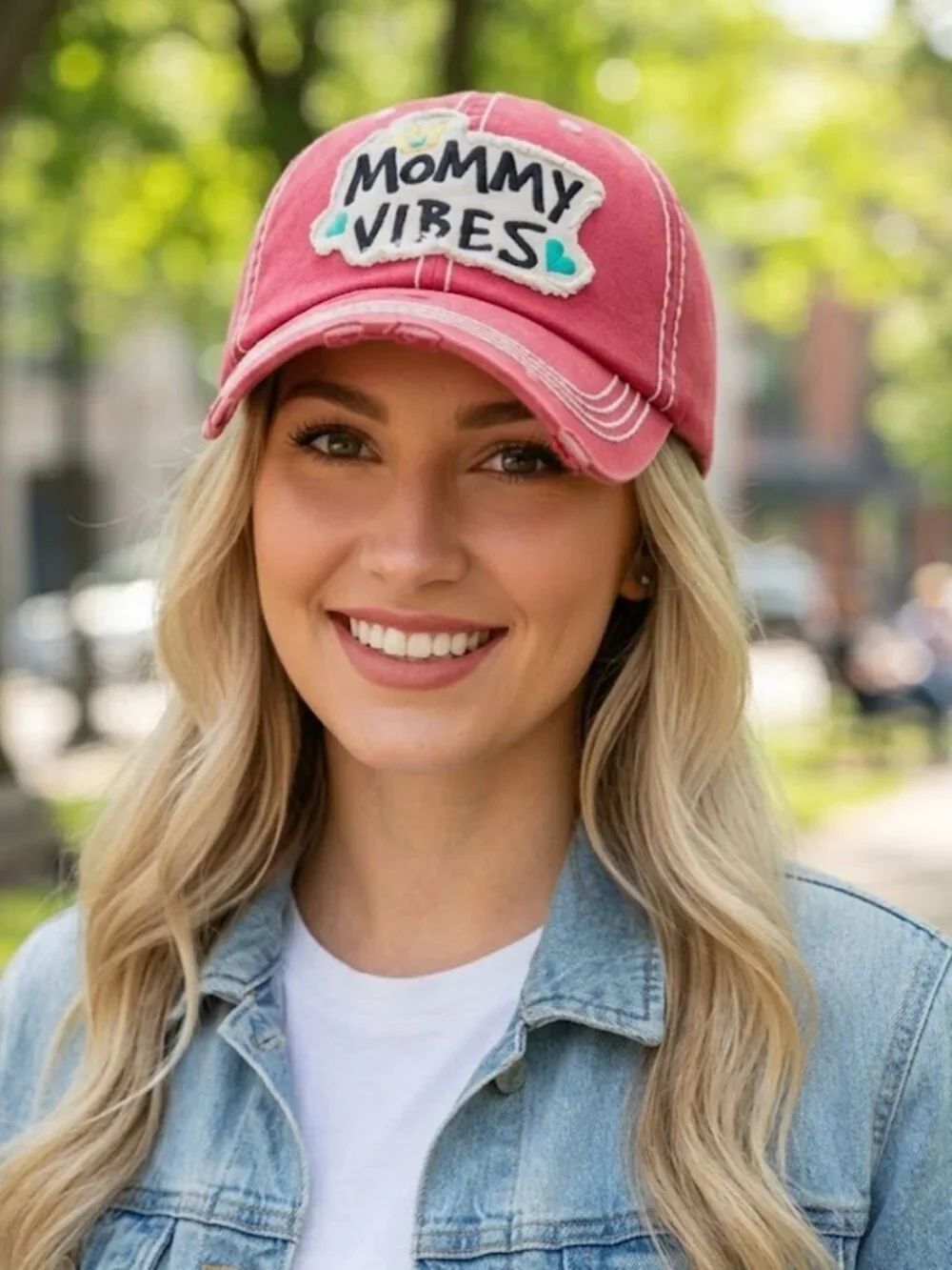 Ladies Coral Mommy Vibes Distressed Baseball Hat